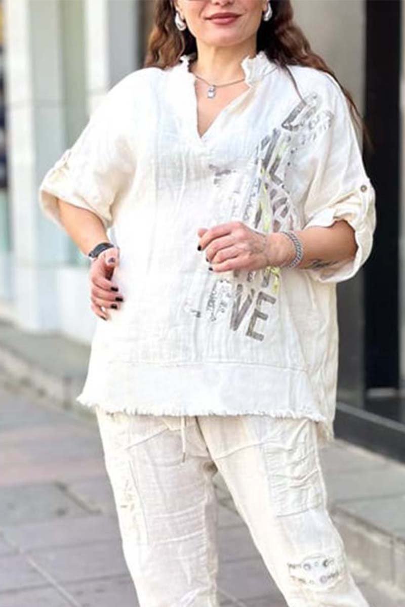 Women's casual letter printed cotton and linen long sleeve top or two-piece set