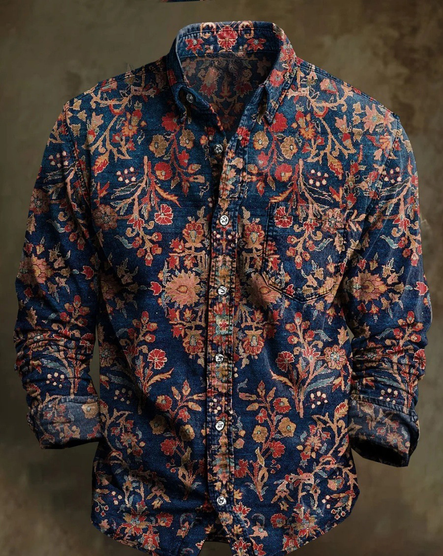 Halloween Men's Bamboo Linen Long Sleeve Shirt Vintage Lapel Shirt