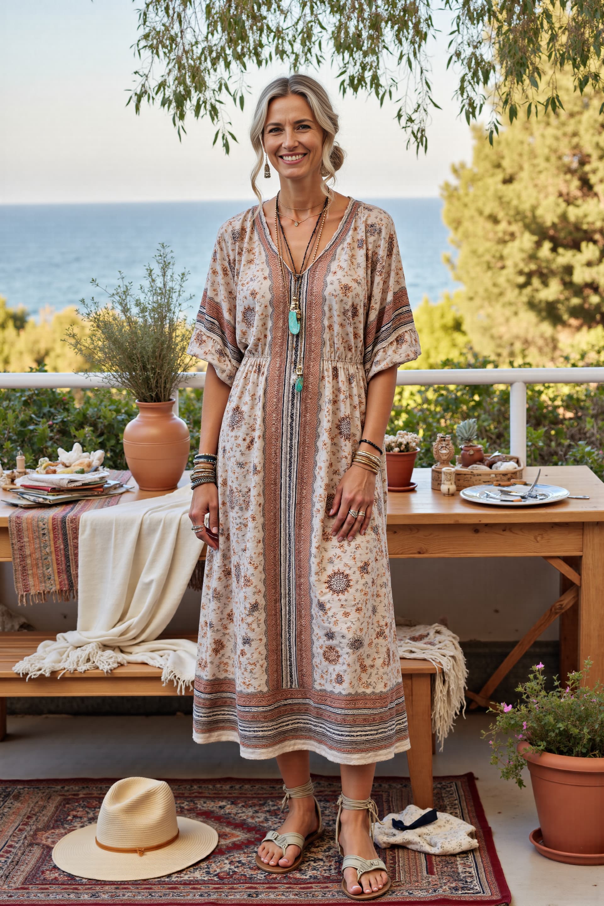 Women's Boho Print Casual Cotton&Line Maxi Dress