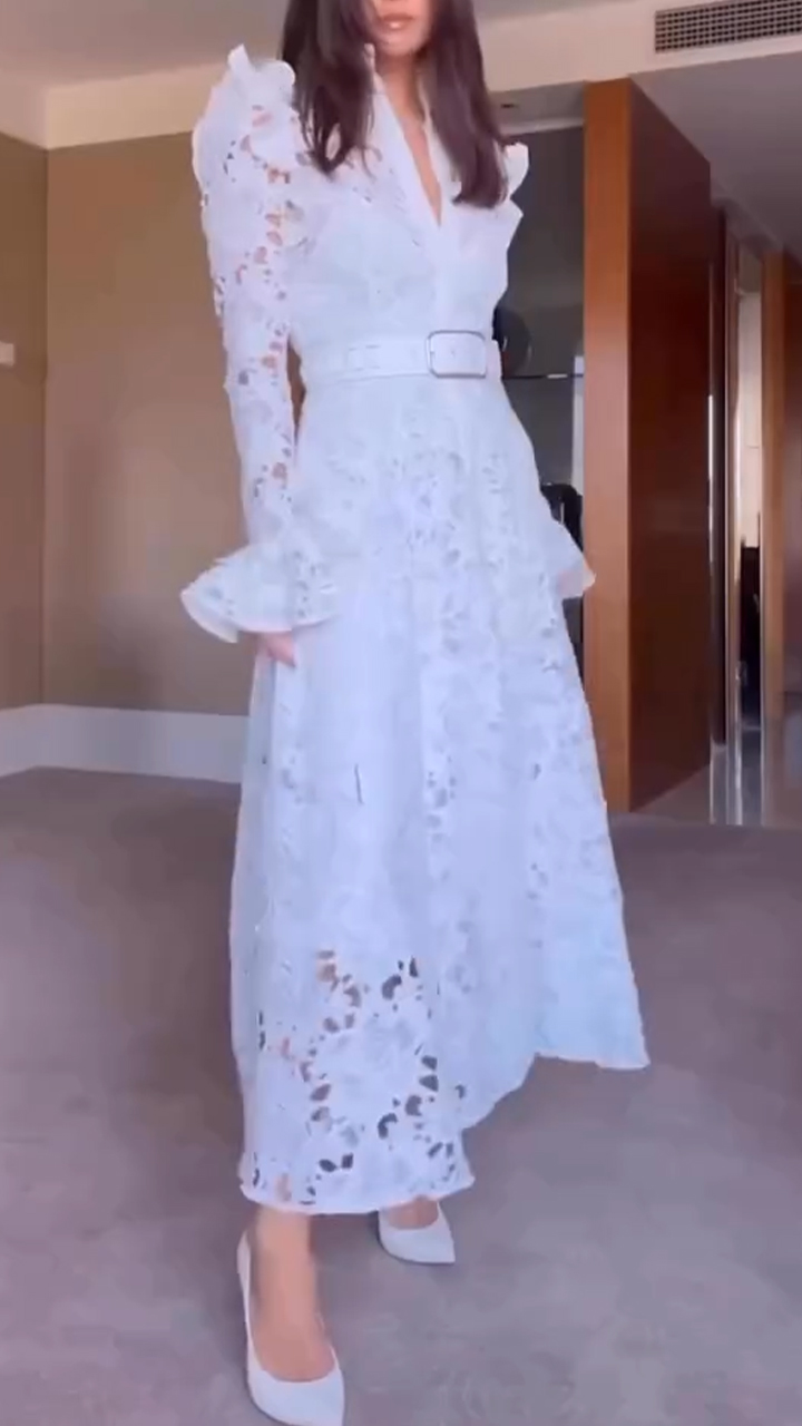 Women's Lapel Trumpet Sleeve Hollow Elegant Dress