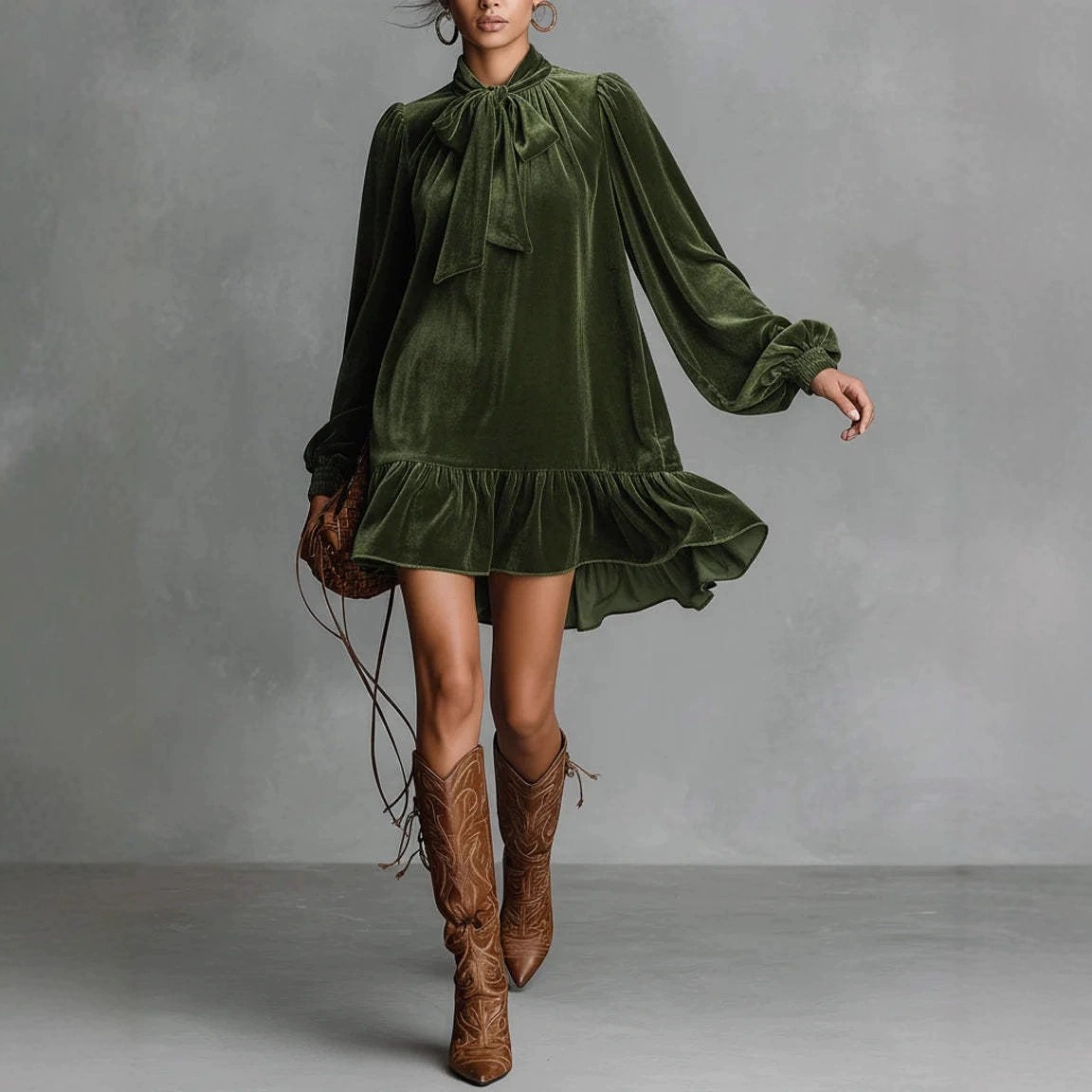 ✨ French Elegance Velvet Bow Long Sleeve Dress 🎀 | Formal Evening Gown