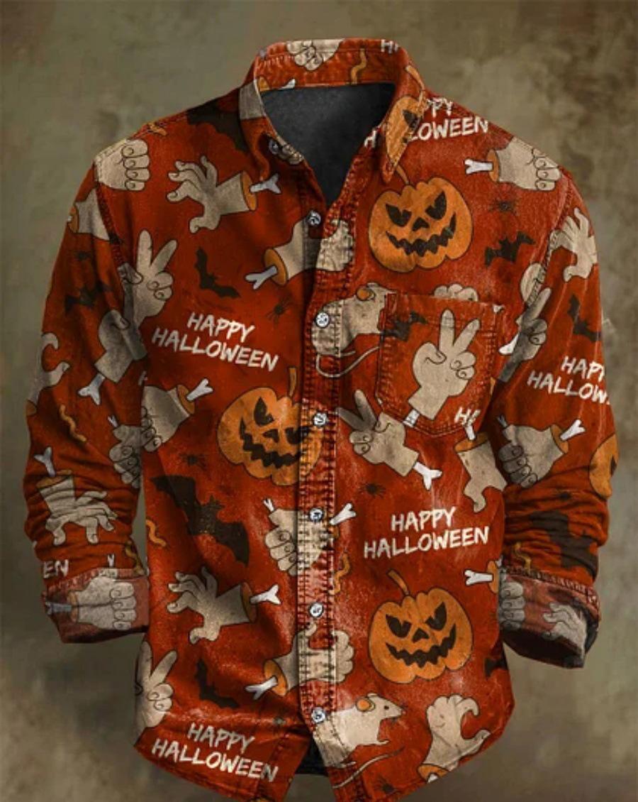 Halloween Men's Bamboo Linen Long Sleeve Shirt Vintage Lapel Shirt