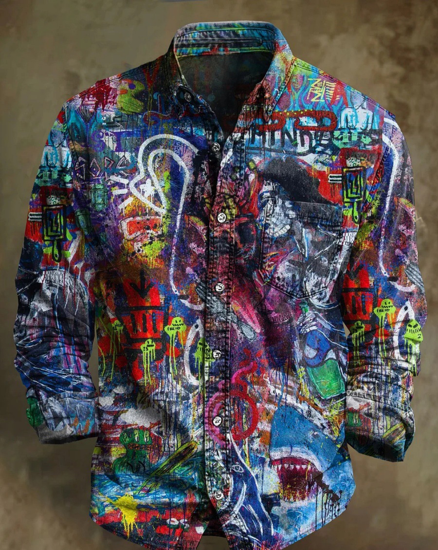 Halloween Men's Bamboo Linen Long Sleeve Shirt Vintage Lapel Shirt