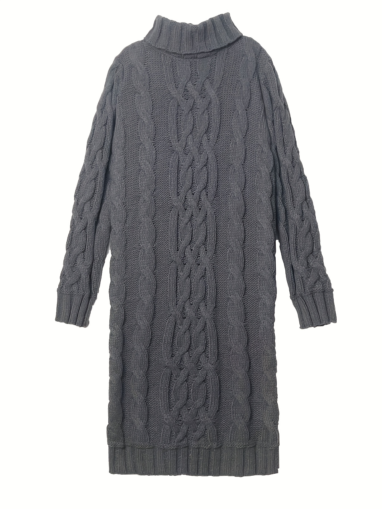 Turtleneck Cable Knit Sweater Dress, Elegant Solid Long Sleeve Dress, Women's Clothing