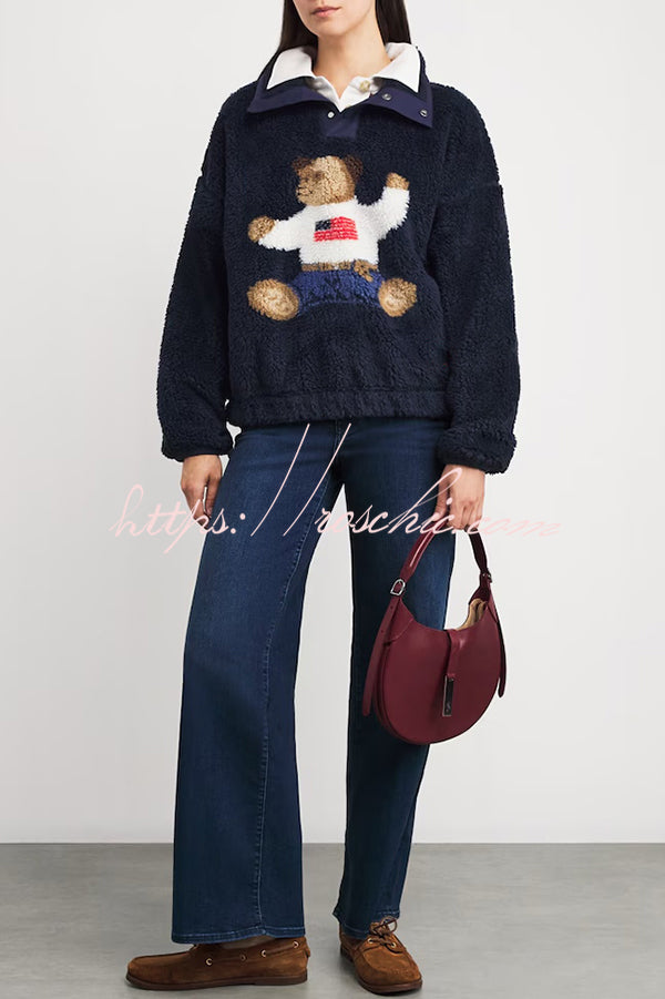American Retro Polo Bear Pattern Stand Button Neck Long Sleeve Fleece Pullover