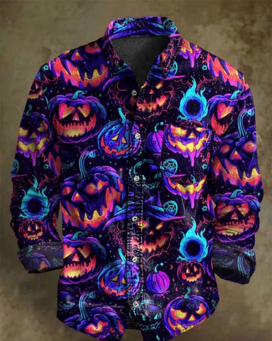 Halloween Men's Bamboo Linen Long Sleeve Shirt Vintage Lapel Shirt