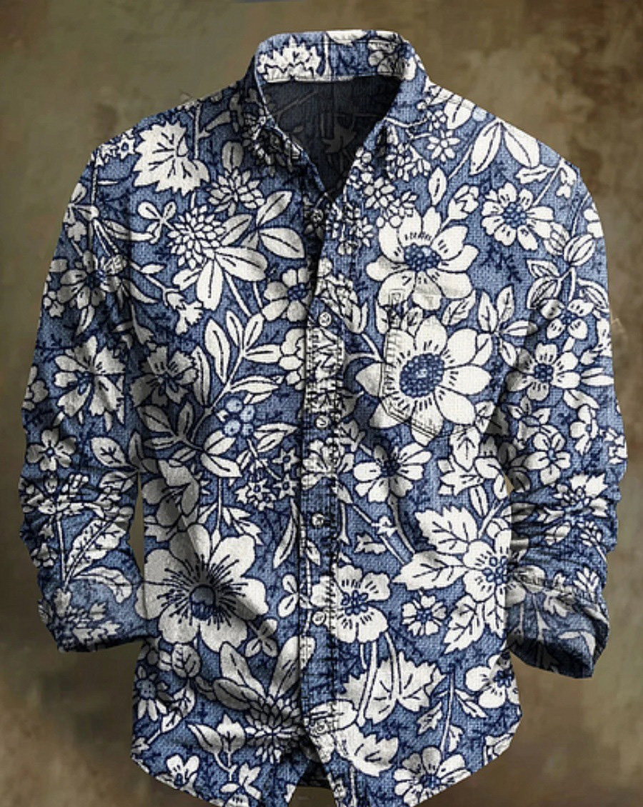 Men's Bamboo Linen Long Sleeve Shirt Vintage Lapel Shirt