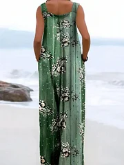 Women's Vintage Floral Print Cotton Linen Casual Strap Wide Leg Pants Jumpsuit