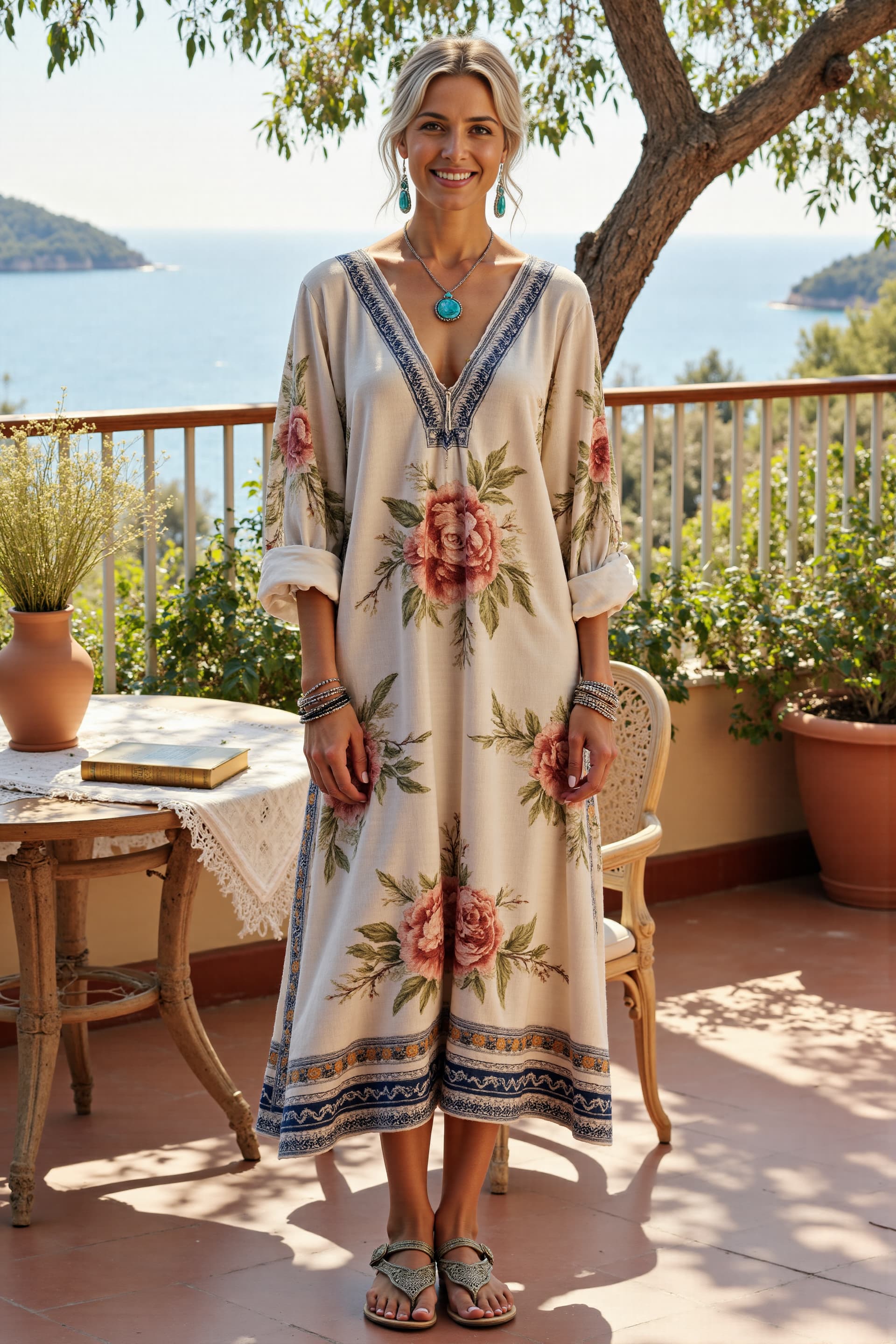 Women's Retro Flower Print Casual Cotton&Line Maxi Dress