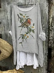 Flower And Bird Embroidery Art Print Casual Loose Blouse