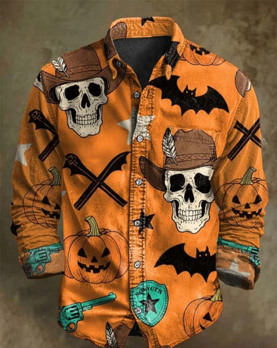Halloween Men's Bamboo Linen Long Sleeve Shirt Vintage Lapel Shirt