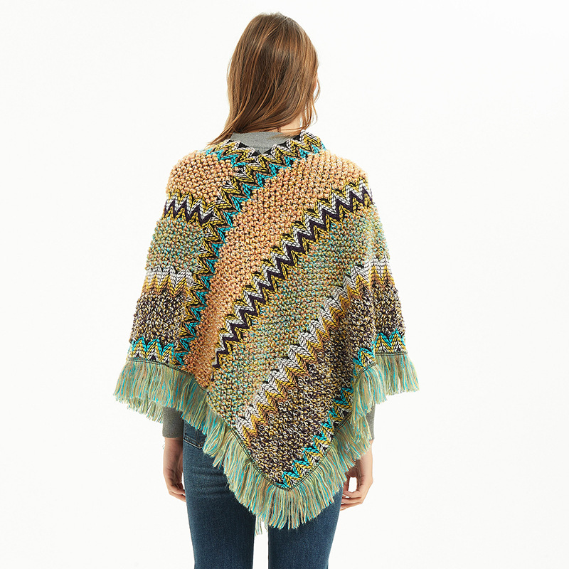 Bohemian Knitted Poncho with Fringe - Multicolor Zigzag Pattern Fall