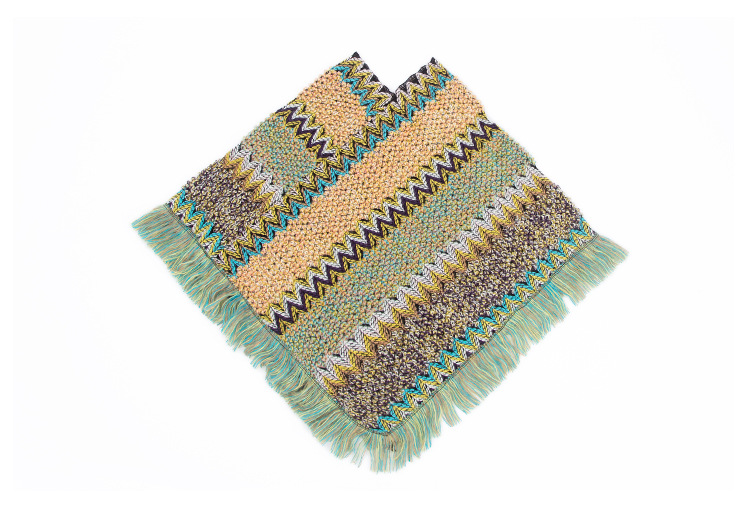 Bohemian Knitted Poncho with Fringe - Multicolor Zigzag Pattern Fall