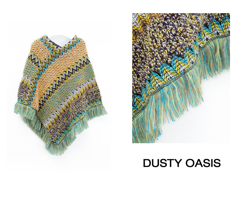 Bohemian Knitted Poncho with Fringe - Multicolor Zigzag Pattern Fall