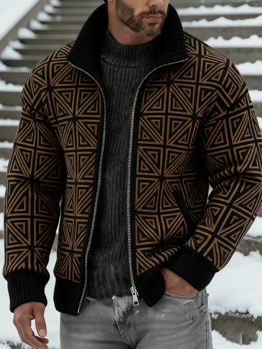 Casual Abstract Art Print Stand Collar Sweater Cardigna