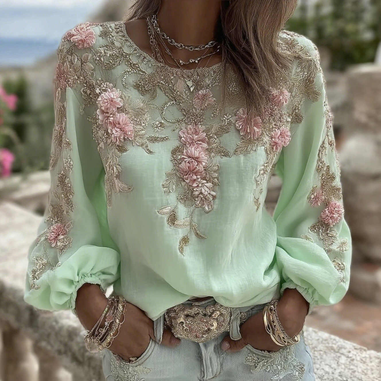 Women's Vintage Pink Rose Embroidery Art Round Neck Long Sleeve Linen Blend T-shirt