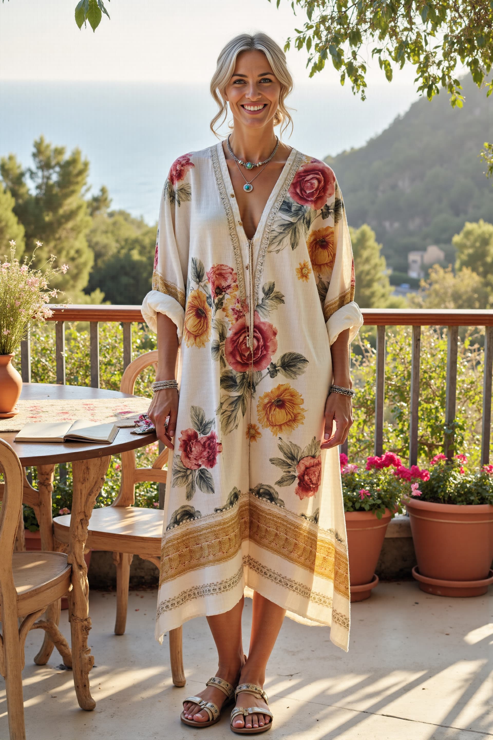 Women's Retro Flower Print Casual Cotton&Line Maxi Dress