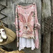 Vintage Rabbit And Floral Round Neck Casual Blouse