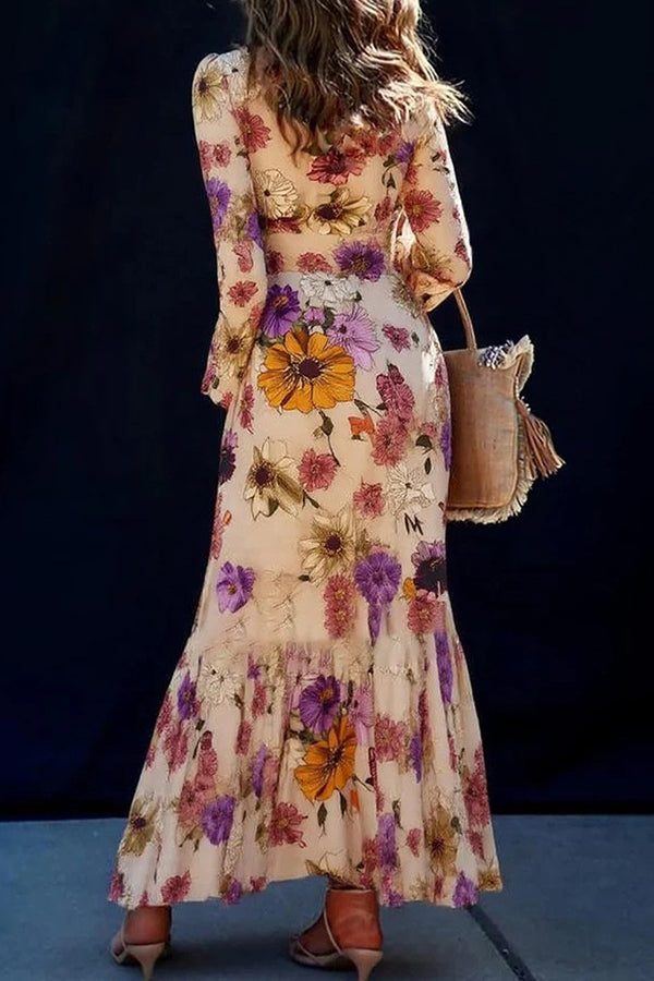 Floral Print Elegant Long Sleeve Fitted Ruffle Maxi Dress