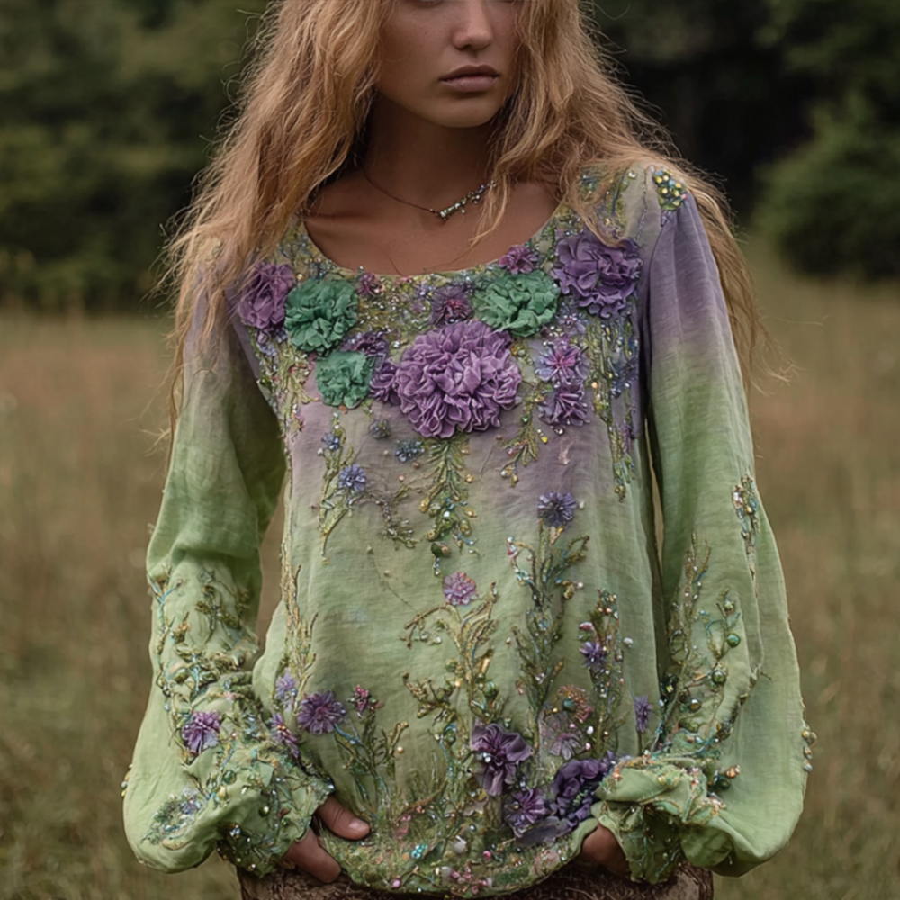Bohemian Style Embroidered Plant Round Neck Long Sleeve Casual Vintage Top
