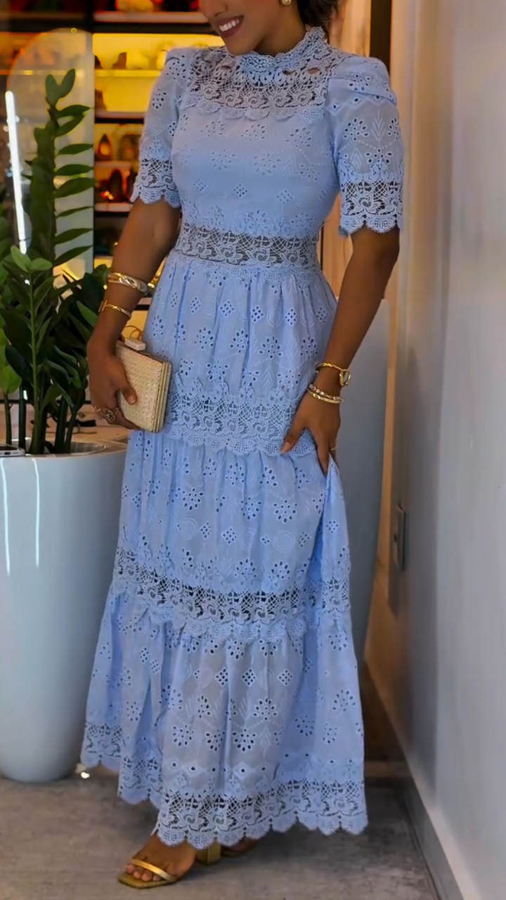 Women Round Neck Splicing Printed Hollow Elegant Casual Temperament Dress