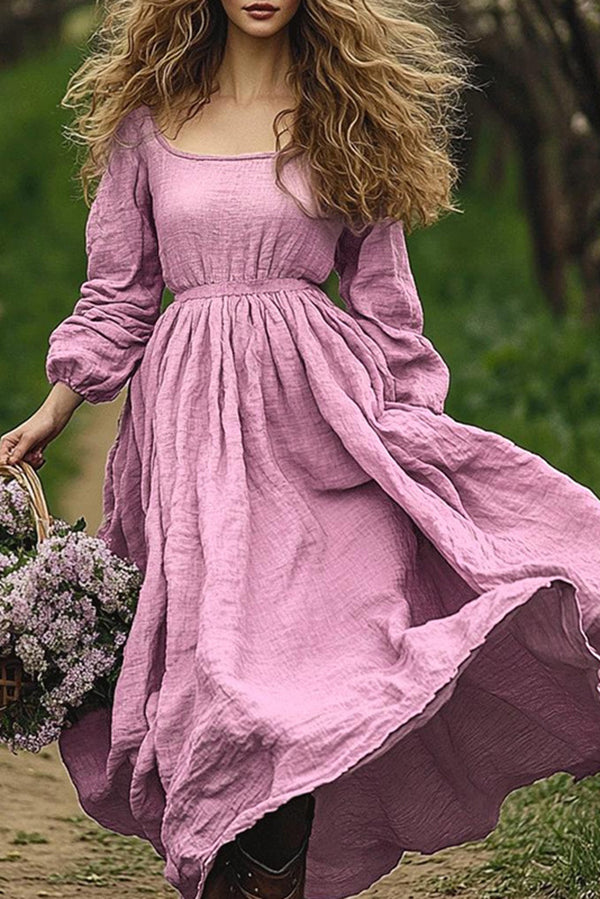 Solid Color Square Neck Long Sleeve Waist Casual Maxi Dress