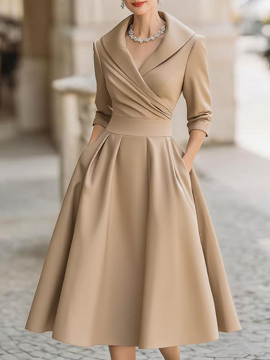 Vintage-Inspired Satin Midi Dress With Draped Collar