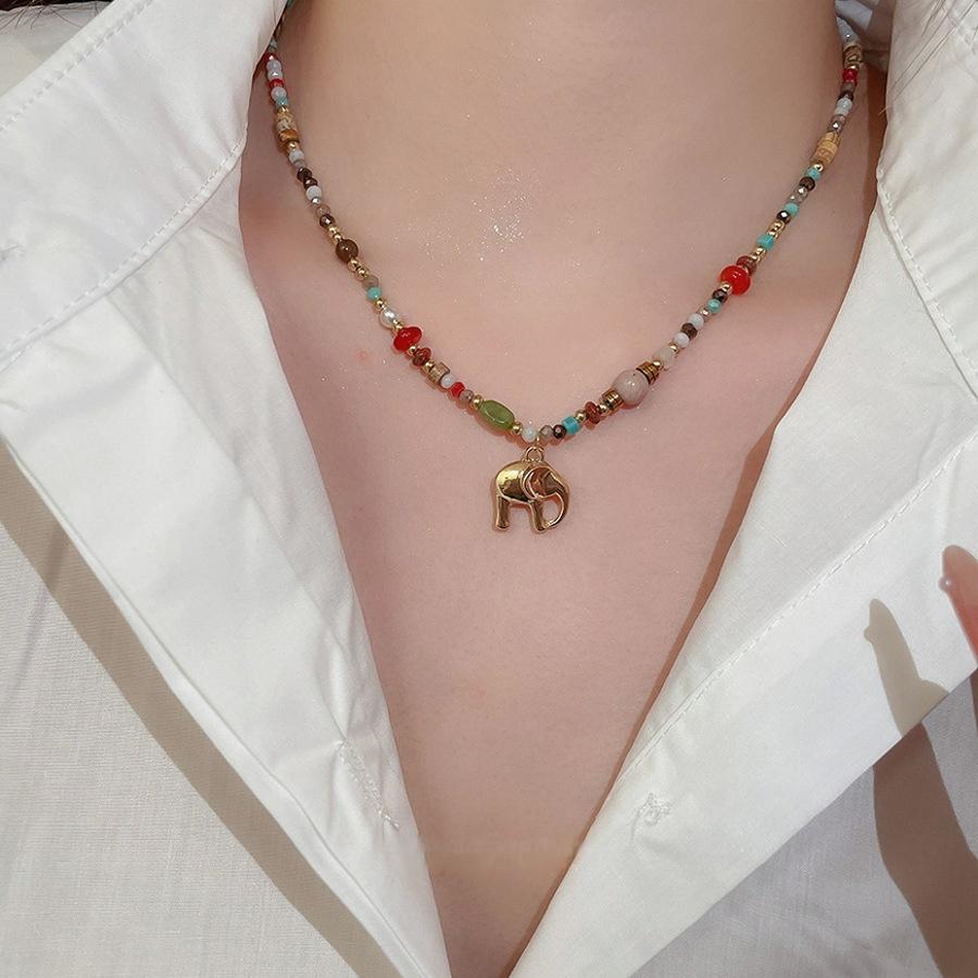 Retro Ethnic Style Small Elephant Picture Stone Glass Geometric Beaded Necklace