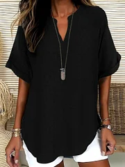 Solid Color Short Sleeve Linen V-Neck Shirt Blouse
