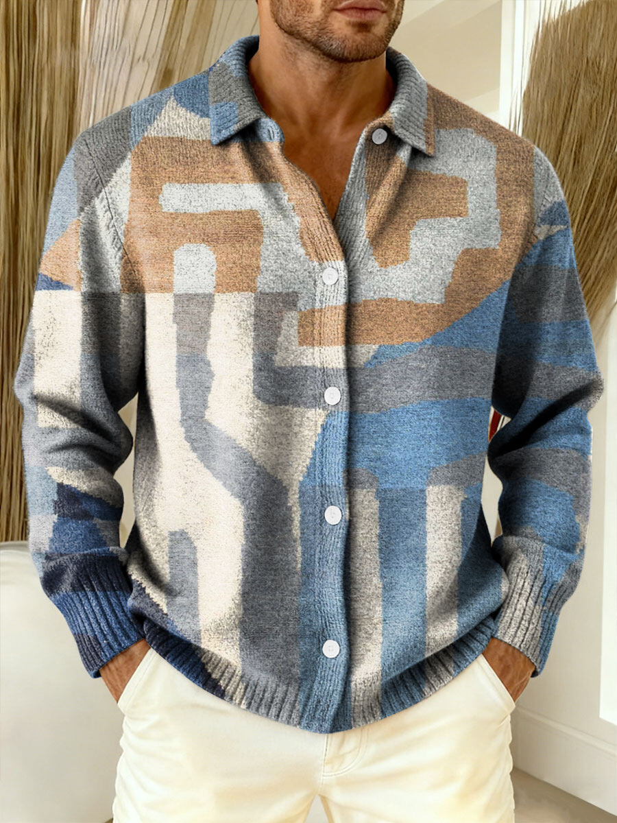Men's Vintage Patchwork Geometric Abstract Pattern Art Print Cowl Neck Sweater