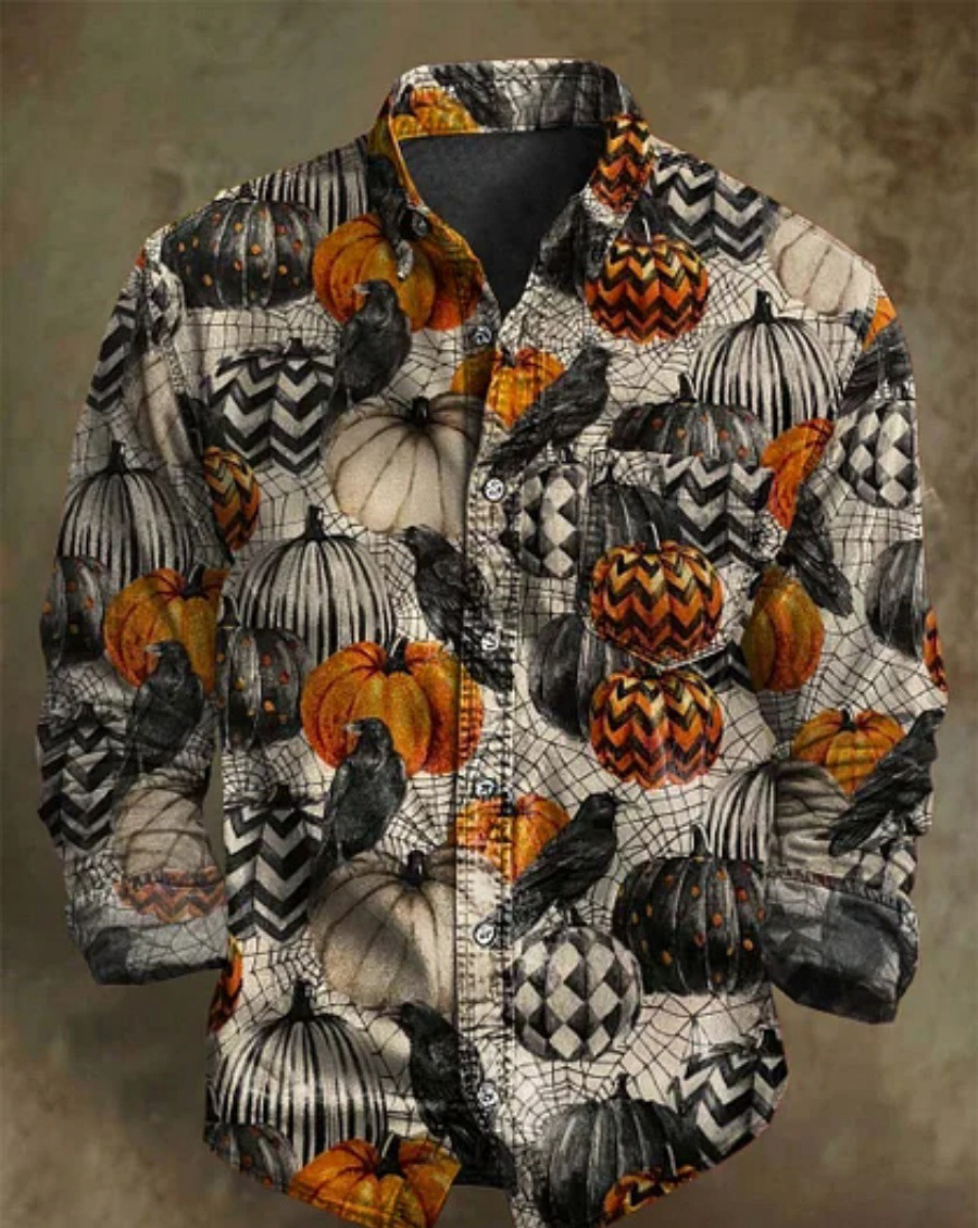 Halloween Men's Bamboo Linen Long Sleeve Shirt Vintage Lapel Shirt