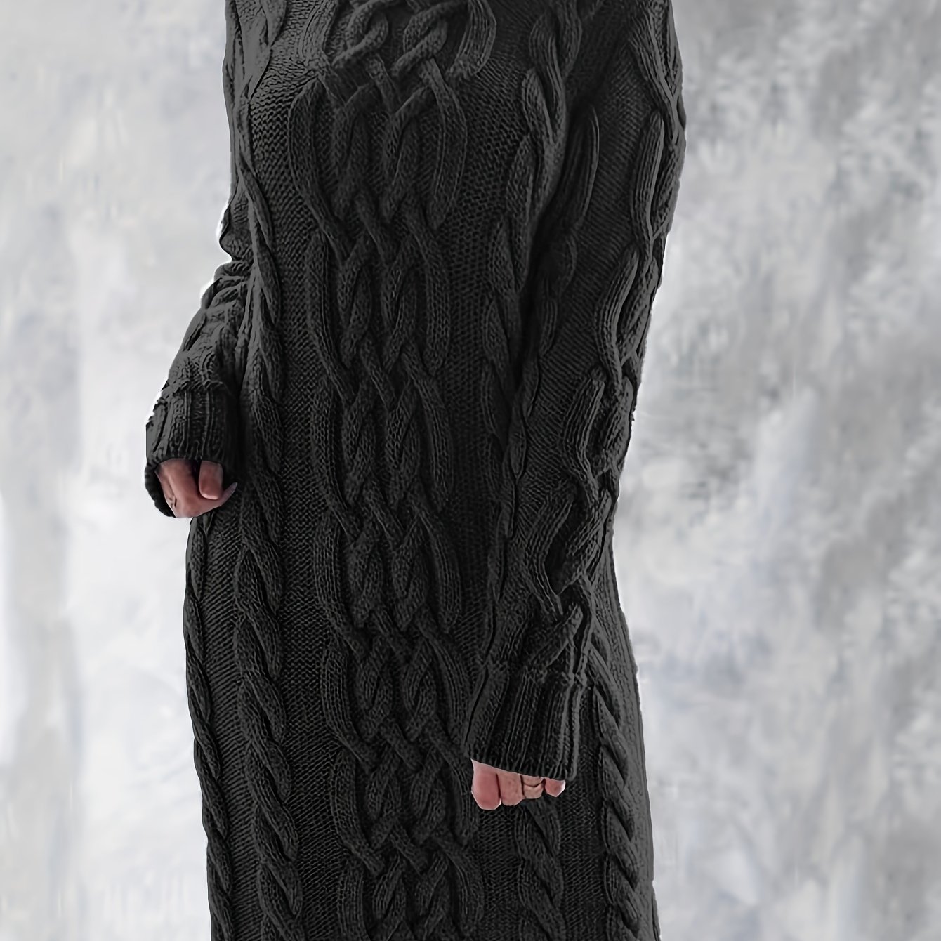 Turtleneck Cable Knit Sweater Dress, Elegant Solid Long Sleeve Dress, Women's Clothing