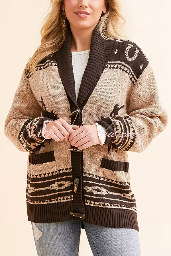 Retro Western Knit Unique Pattern Horn Buttons Pocket Lapel Loose Cardigan