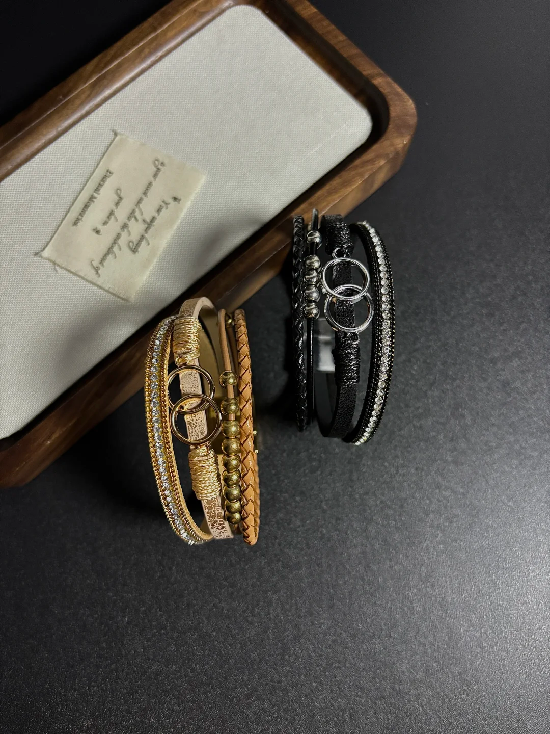 Bohemian Multi-layered Leather Bracelet With Diamond Inlays