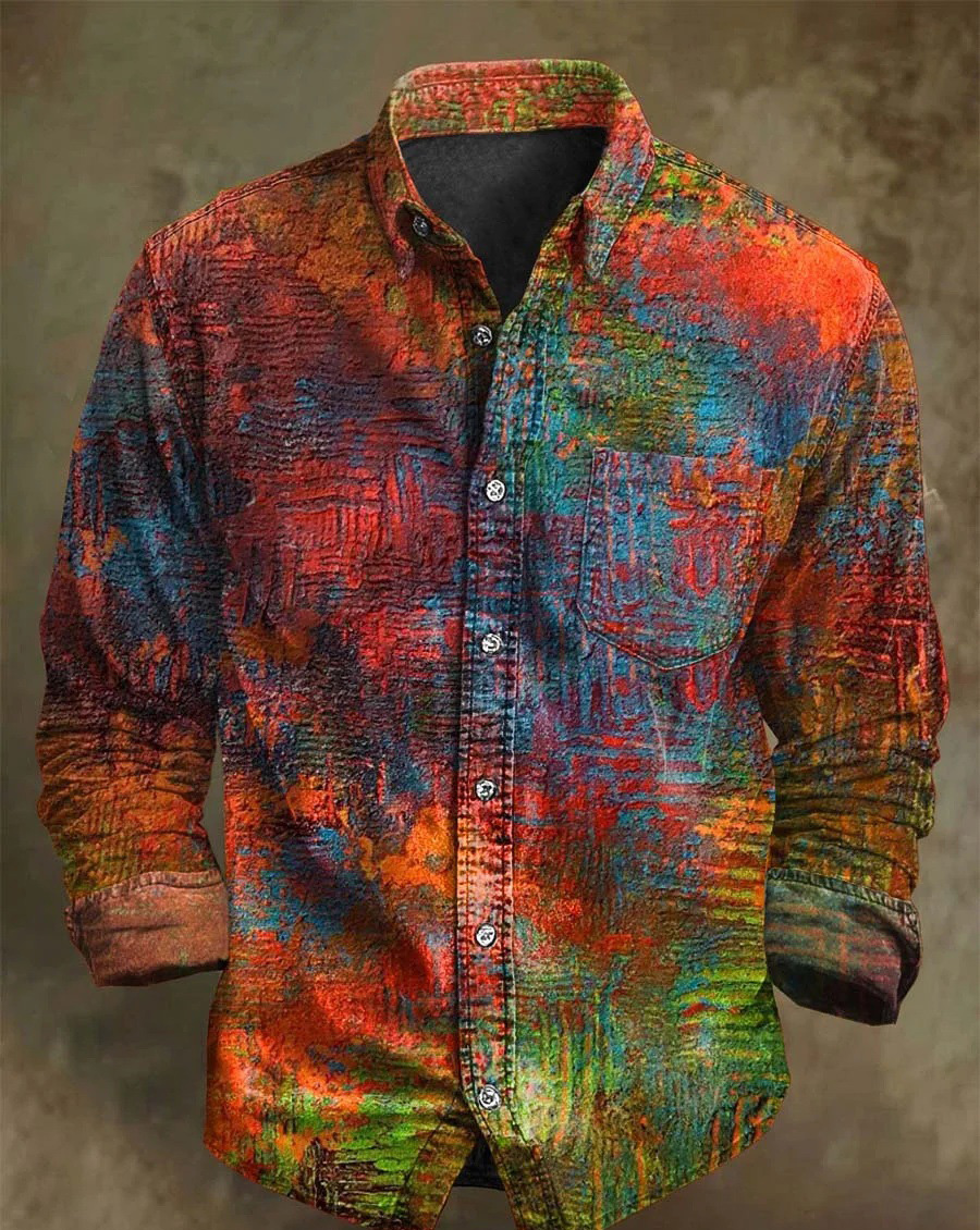 Halloween Men's Bamboo Linen Long Sleeve Shirt Vintage Lapel Shirt