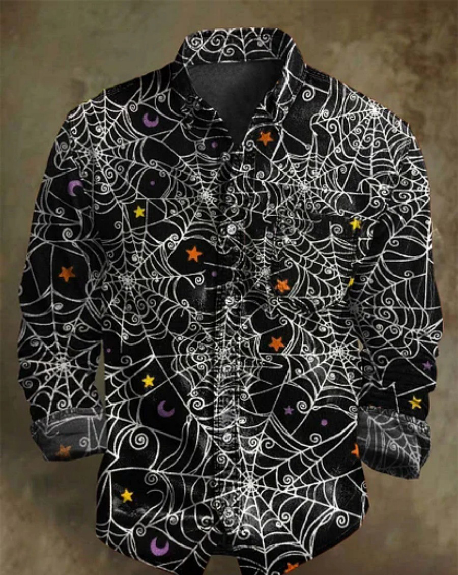 Halloween Men's Bamboo Linen Long Sleeve Shirt Vintage Lapel Shirt