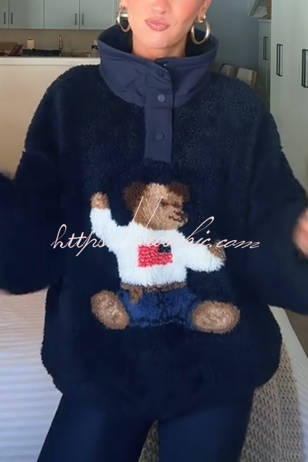American Retro Polo Bear Pattern Stand Button Neck Long Sleeve Fleece Pullover