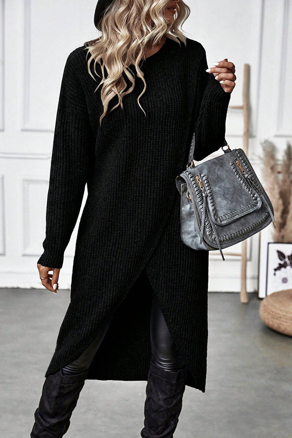 Solid Color Round Neck Long Sleeve Loose Slit Knitted Sweater