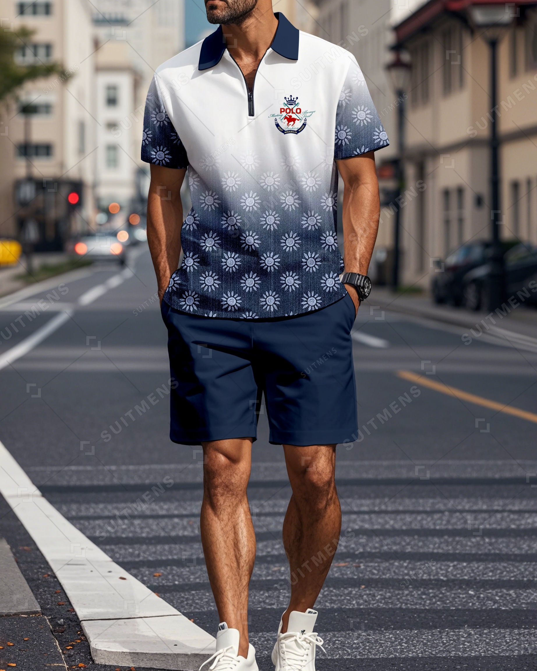 Men's Gradient Colorblock Summer Polo Short Sleeve Shorts Suit 06