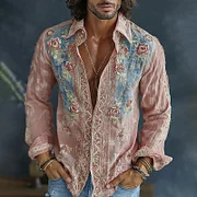 Men's Spring Floral Embroidered Art Print Flowy Linen Blend Casual Shirt
