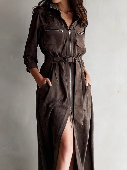 ✨ Retro Collar Shirt Dress 👗 | Women's Long Sleeve Waist-Cinching Slit Slim Fit Stylish Design
