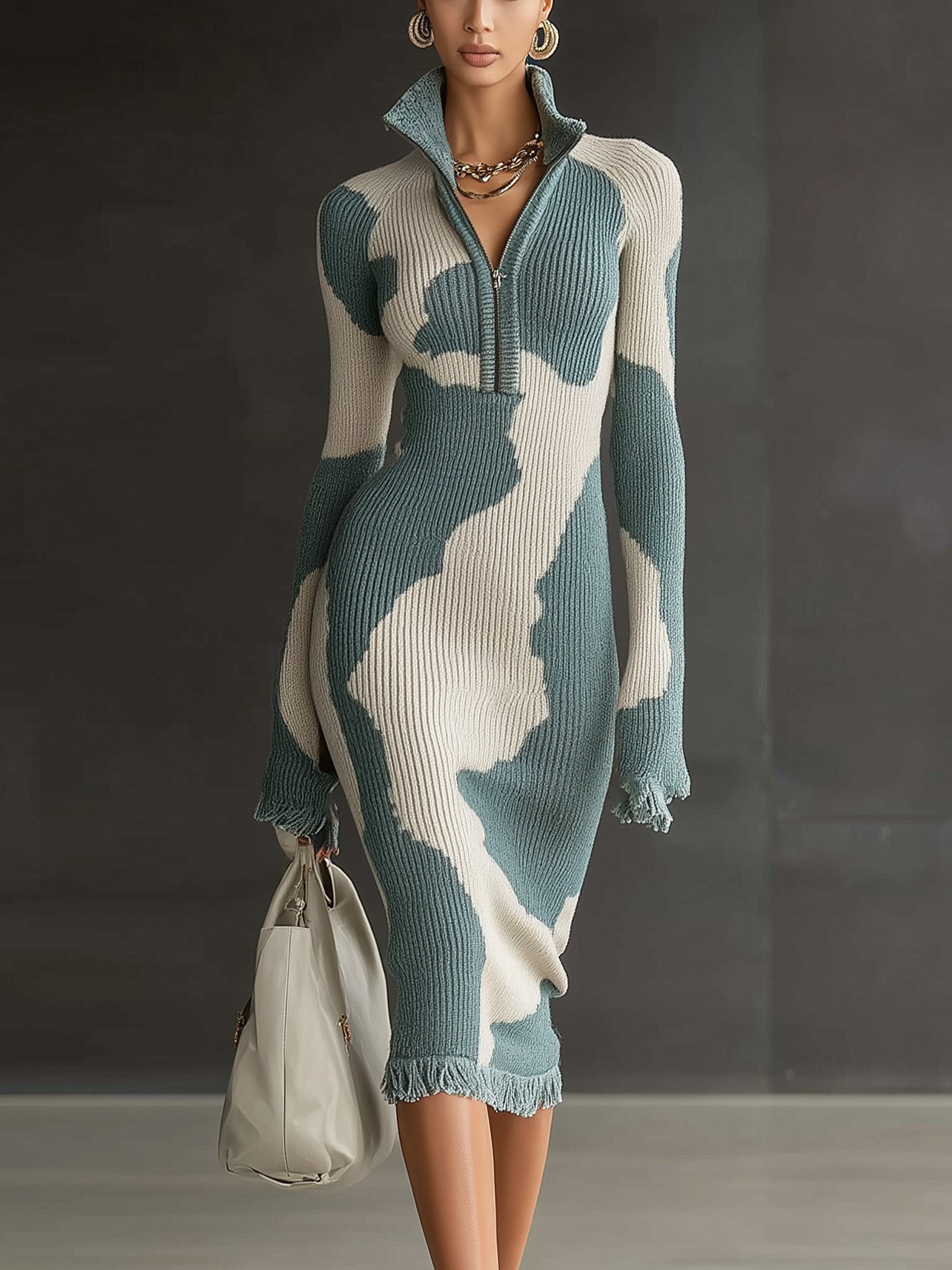 Teal Contrast Knit  Half Zip Long Sleeve Bodycon Dress With Fringed Hem