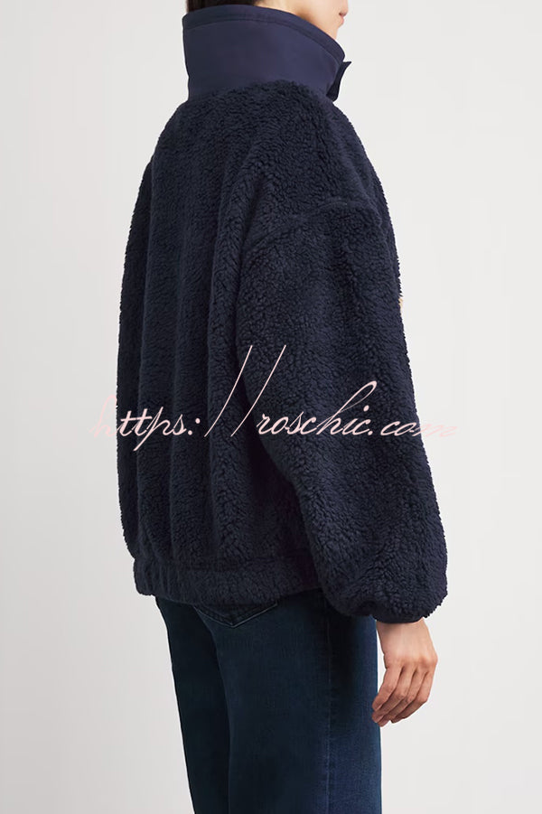 American Retro Polo Bear Pattern Stand Button Neck Long Sleeve Fleece Pullover