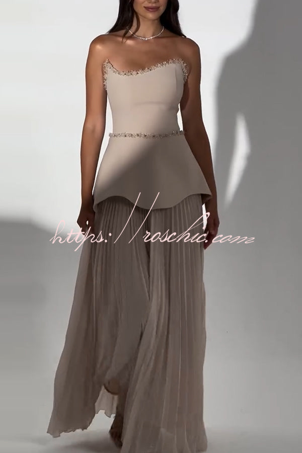Capture The Moment Gem Trim Pleated Hem Strapless Maxi Dress