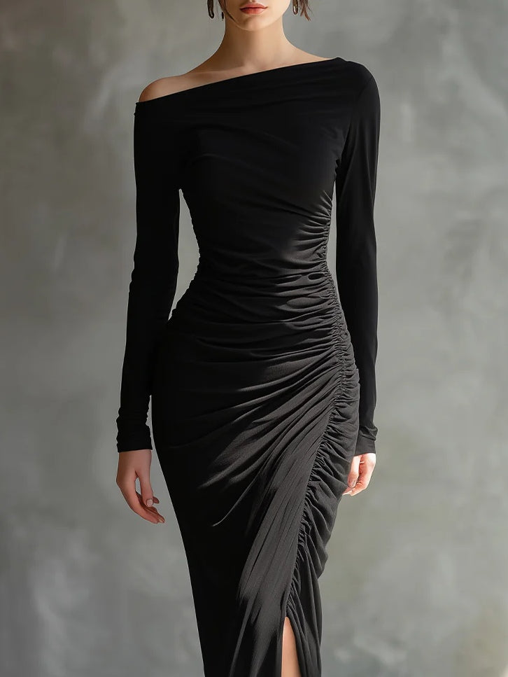 Black Elegant Off Shoulder Ruched Slit Maxi Dress