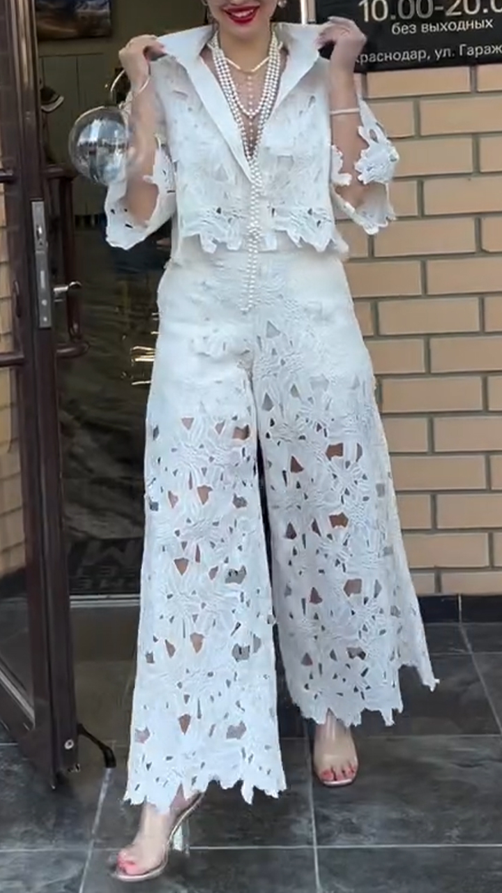 Ladies' Lapel Print Hollow Solid Color Casual Set