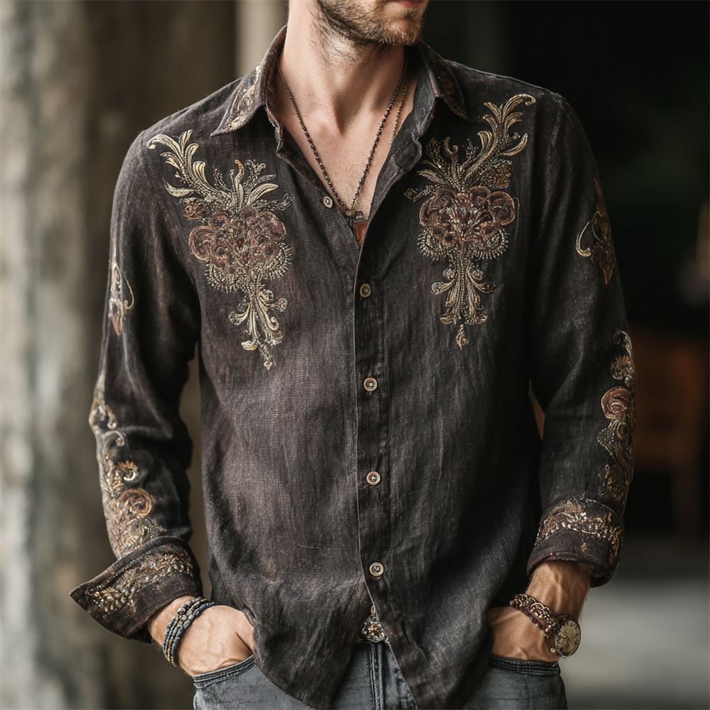 Vintage Western Floral Men's Linen Long Sleeve Shirt