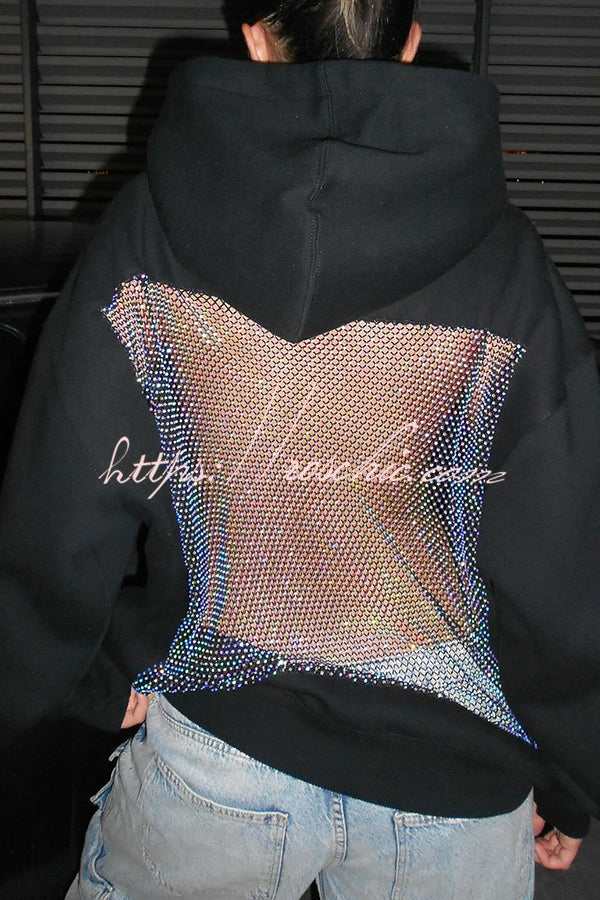 Fashionable Shiny Mesh Hollow Back Loose Long-sleeved Hooded Sweatshirt