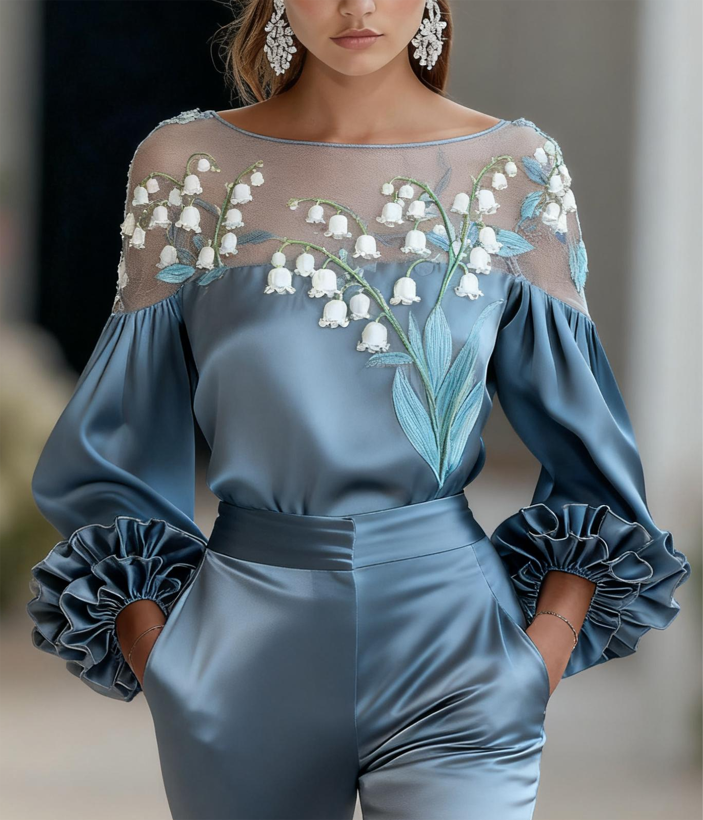 Women's Fashion Shirt with Mesh Embroidered long sleeve Top