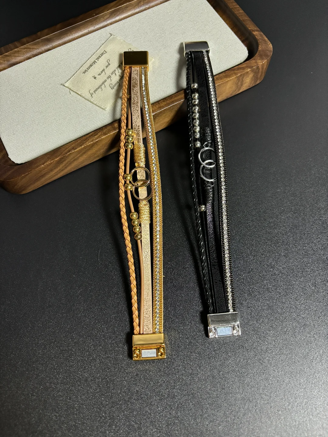 Bohemian Multi-layered Leather Bracelet With Diamond Inlays